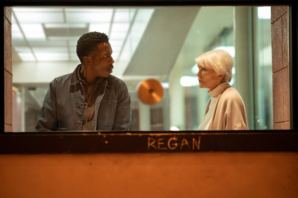 (from left) Victor Fielding (Leslie Odom, Jr.) and Chris MacNeil (Ellen Burstyn) in The Exorcist: Believer, directed by David Gordon Green.