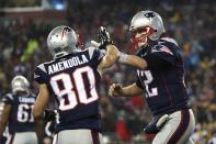 <p>Tom Brady #12 of the New England Patriots celebrates with Danny Amendola #80 after throwing a touchdown pass to Julian Edelman #11 (not pictured) during the third quarter against the Pittsburgh Steelers in the AFC Championship Game at Gillette Stadium on January 22, 2017 in Foxboro, Massachusetts. (Photo by Elsa/Getty Images) </p>