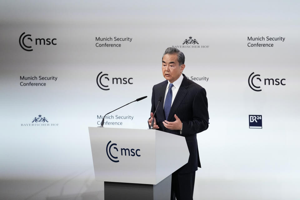 Wang Yi, director of China's Central Foreign Affairs Commission, speaks at the Munich Security Conference, Saturday, Feb. 18, 2023.<span class="copyright">Petr David Josek—AP</span>