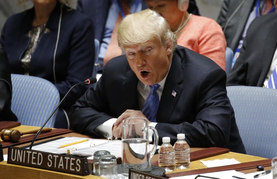 U.S. President Donald Trump speaks as he chairs a meeting of the United Nations Security Council held during the 73rd session of the United Nations General Assembly at U.N. headquarters in New York, U.S., September 26, 2018. REUTERS/Eduardo Munoz