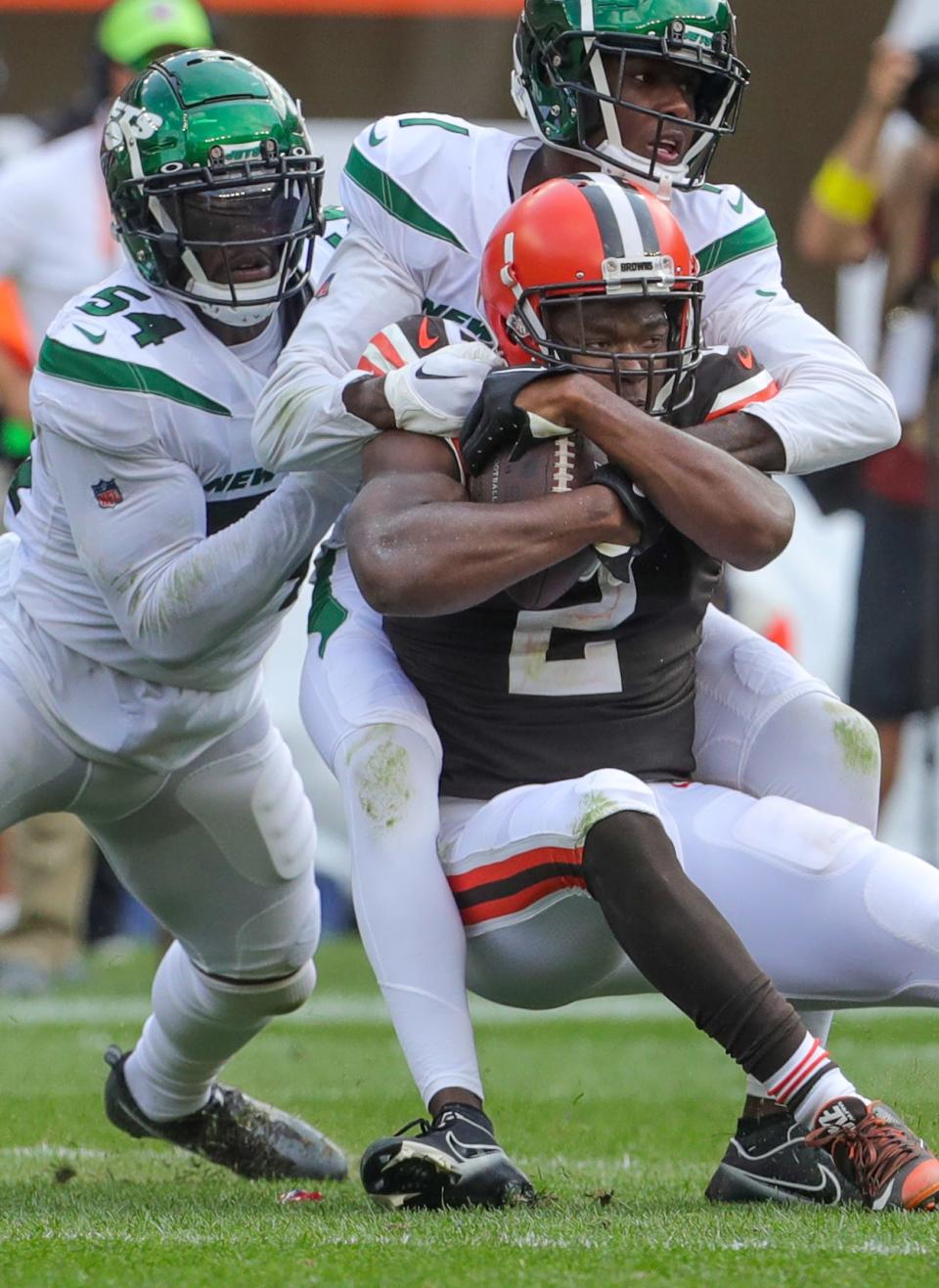 Browns receiver Amari Cooper fights for extra yardage after a catch against the New York Jets, Sunday, Sept. 18, 2022 in Cleveland.