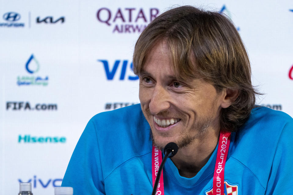 Croatia's Luka Modric smiles during a news conference on the eve of the quarterfinal World Cup soccer match between Croatia and Brazil, in Doha, Qatar, Thursday, Dec. 8, 2022. (AP Photo/Darko Bandic)