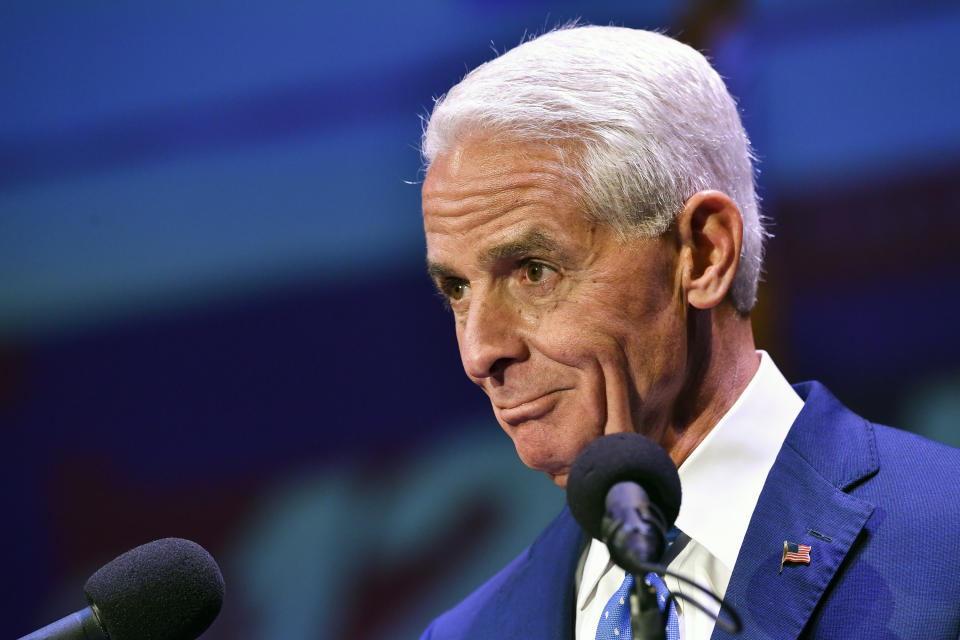 Former Gov. Charlie Crist, D-Fla., participates in a debate with current Republican Gov. Ron DeSantis on stage at the Sunrise Theatre, Monday, Oct. 24, 2022, in Fort Pierce, Fla. (Crystal Vander Weit/TCPalm.com via AP, Pool)