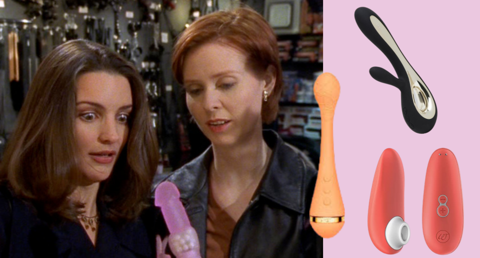 Still from Sex and the City with Charlotte and Miranda looking at a sex toy; more sex toys inset