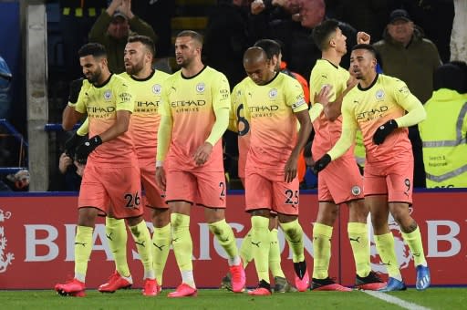 Manchester City celebrate their winning goal against Leicester