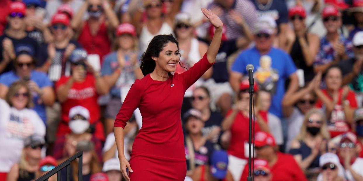 GOP House candidate Anna Paulina Luna, who ran against Charlie Crist in Florida’s 13th congressional district, waves to the crowd before then-President Donald Trump speaks at a campaign rally in Tampa, FL on October 29, 2020.