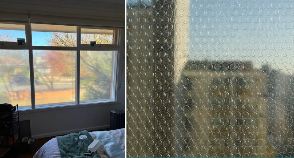 The Melbourne woman's window with bubble wrap on it (left) and bubble wrap on a window up close (right).