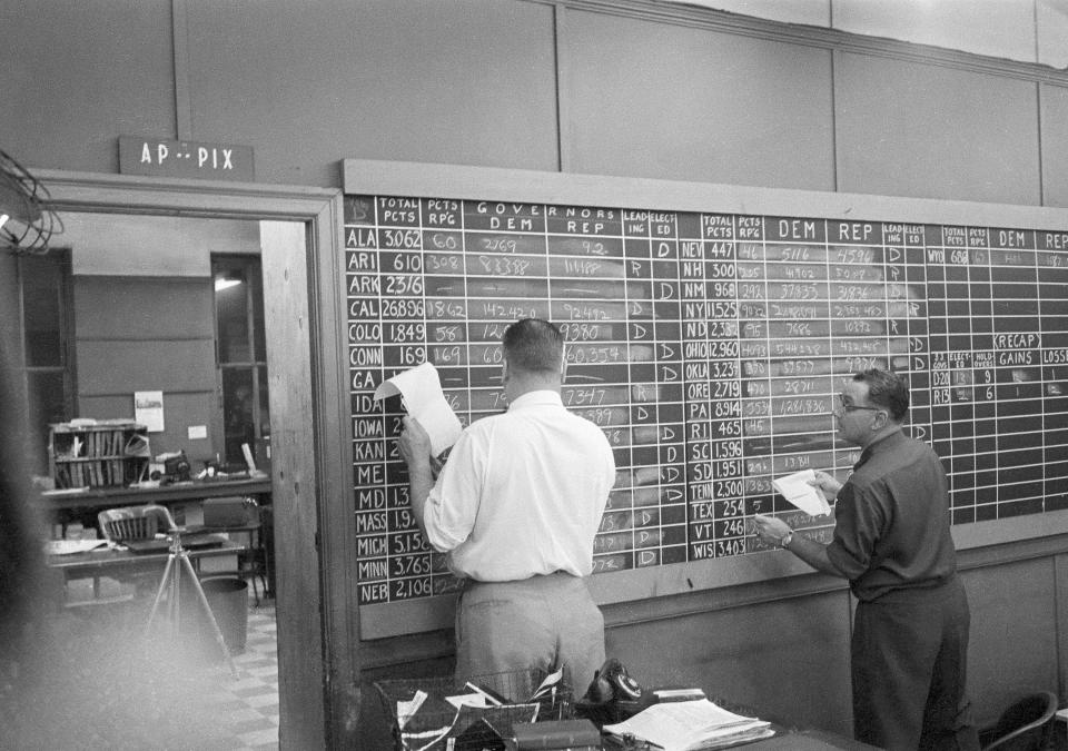 Associated Press Washington, D.C., staffers, Frank Vaille, left, and Gordon Brown keep up to date on the Governor's tabulation board on election night, Nov. 4, 1958. (AP Photo)