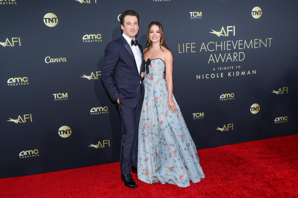 HOLLYWOOD, CALIFORNIA - APRIL 27: (L-R) Miles Teller and Keleigh Sperry Teller attend the 49th AFI Lifetime Achievement Award Gala Tribute celebrating Nicole Kidman at Dolby Theatre on April 27, 2024 in Hollywood, California. (Photo by Monica Schipper/WireImage)