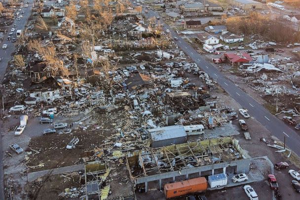PHOTO: This aerial image taken, Dec. 13, 2021, shows tornado damage after extreme weather hit the region in Mayfield, Ky. (Chandan Khanna/AFP via Getty Images)