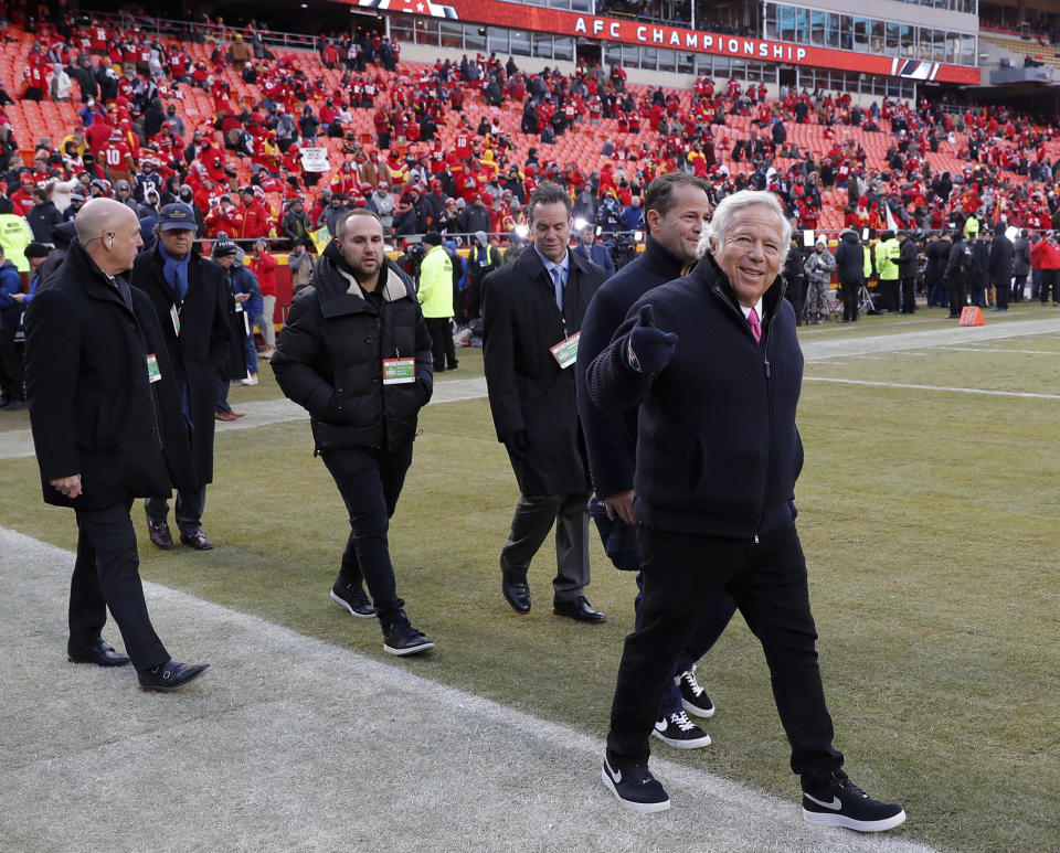 According to police, New England Patriots owner Robert Kraft, right, was at the Orchids of Asia massage parlor in Florida on the morning of the AFC championship game, which was played later that day in Kansas City. (AP)