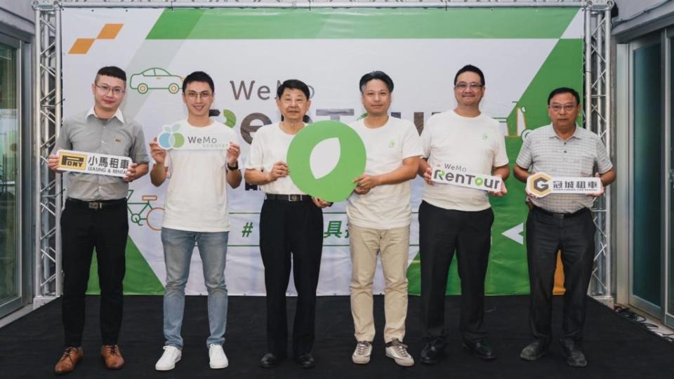 左起為小馬小客車租賃業者陳柏諺經理、WeMo Corp.執行長劉于遜、董事長吳東明、副董事長吳昕霈、技術長Jay、金門冠城租車許燕政總經理。(圖片來源/ WeMo)