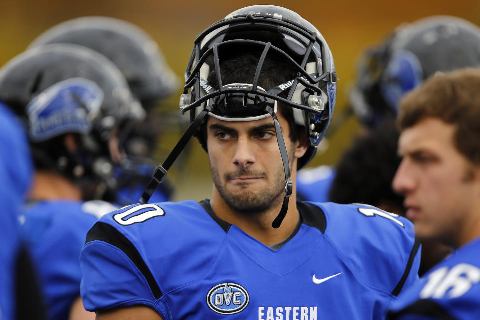 Eastern Illinois quarterback Jimmy Garoppolo (10) on the sideline during the second half of an NCAA football game against Tennessee Tech at O'Brien Field Saturday, Nov. 2, 2013 in Charleston, Ill. (AP Photo/ Stephen Haas)