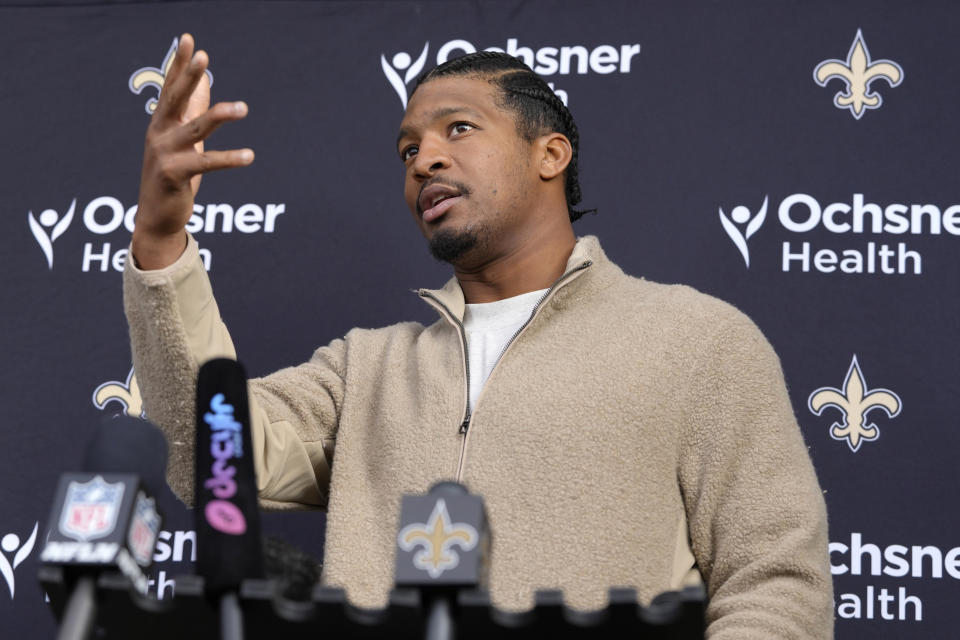 New Orleans Saints quarterback Jameis Winston speaks during an NFL press conference in London, Wednesday, Sept. 28, 2022 ahead of the NFL game against Minnesota Vikings at the Tottenham Hotspur stadium on Sunday. (AP Photo/Kirsty Wigglesworth)