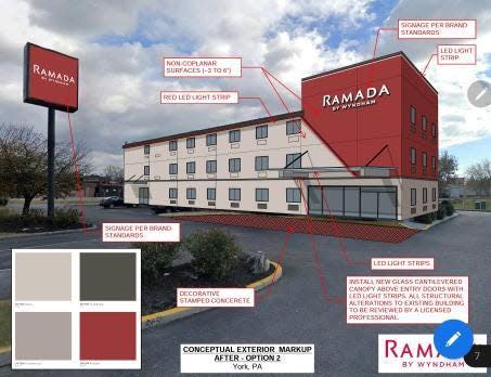 The Super 8 Hotel on Arsenal Road in York's Route 30 corridor is rebranding as a Ramada Inn, with extensive renovations. This image shows planned interior lobby renovations.
