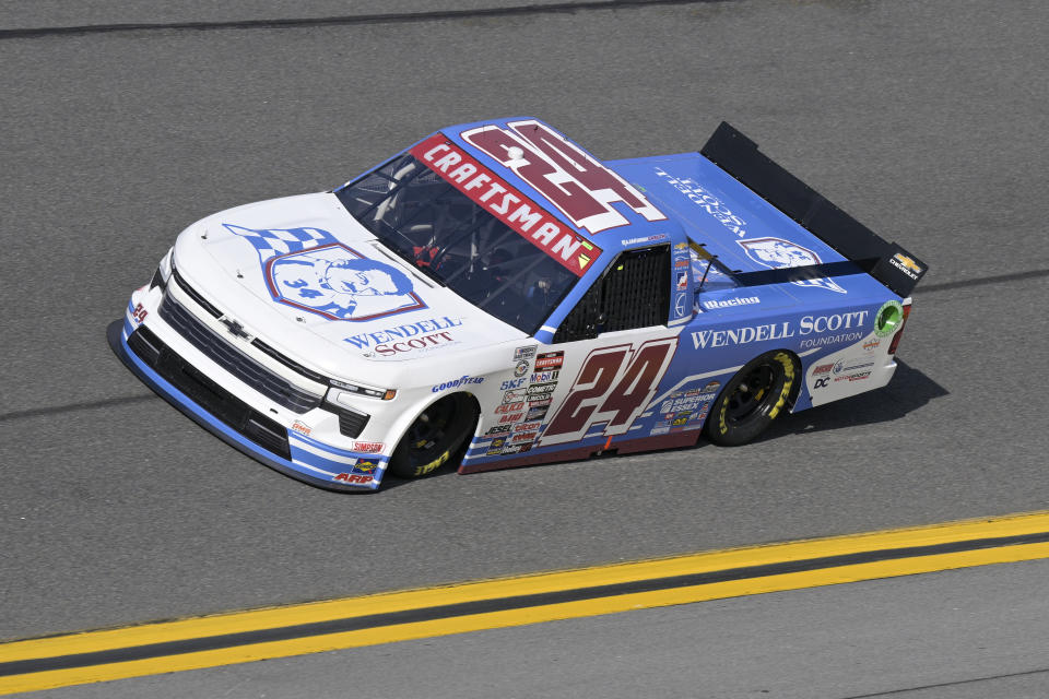 Rajah Caruth (24) during qualifying for a NASCAR truck series auto race at Daytona International Speedway, Friday, Feb. 17, 2023, in Daytona Beach, Fla. The 21-year-old student at Winston-Salem State has cracked into NASCAR's national-level series racing and on Friday, March 1, 2024, won the Truck Series race at Las Vegas Motor Speedway. (AP Photo/Phelan M. Ebenhack)