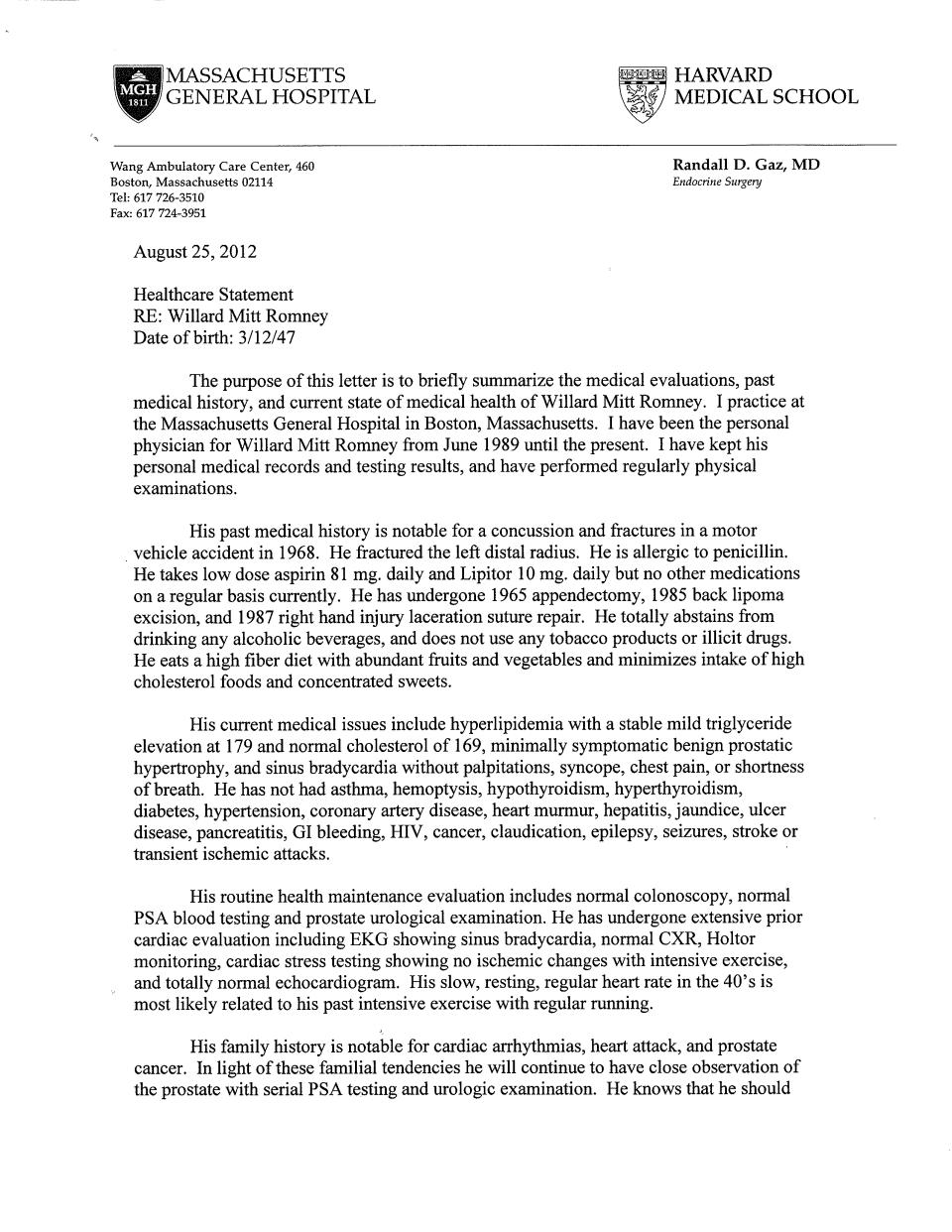 This handout image provided by the Romney Campaign shows the first of a two page healthcare statement from Republican presidential candidate and former Massachusetts Gov. Mitt Romney's doctor. Mitt Romney's presidential campaign has released a letter from his doctor saying he's healthy and physically fit to meet the rigorous demands of a presidency. (AP Photo/Romney Campaign)