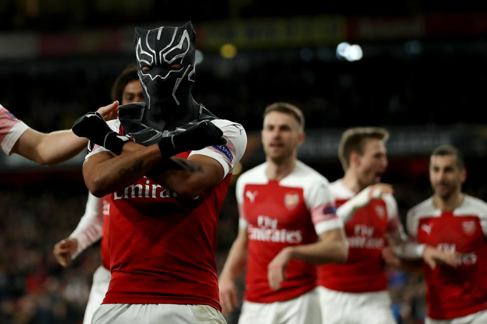 14th March 2019, Emirates Stadium, London, England; UEFA Europa League football, round of 16, second leg, Arsenal versus Rennes; Pierre-Emerick Aubameyang of Arsenal celebrates in a spiderman mask as he scores for 3-0  in the 72nd minute (photo by Shaun Brooks/Action Plus via Getty Images)