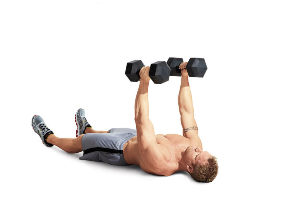 How to do it:<ol><li>Lie on the floor with a dumbbell in each hand.</li><li>Your palms should face each other and your triceps (but not your elbows) should rest on the floor.</li><li>Explosively press the dumbbells up.</li><li>Lower them until only your triceps touch the floor.</li><li>Pause for a moment, then begin the next rep. Increase the weight gradually each set.</li></ol>