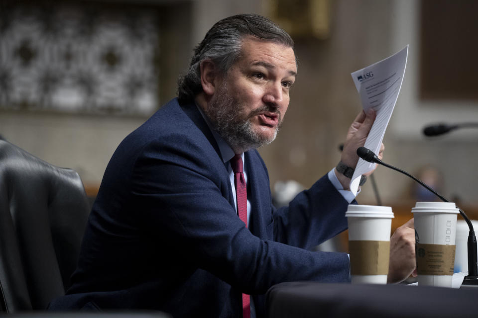 Sen. Ted Cruz, R-Texas, question United States Ambassador to the United Nations nominee Linda Thomas-Greenfield during for her confirmation hearing before the Senate Foreign Relations Committee on Capitol Hill, Wednesday, Jan. 27, 2021, in Washington. (Michael Reynolds/Pool via AP)