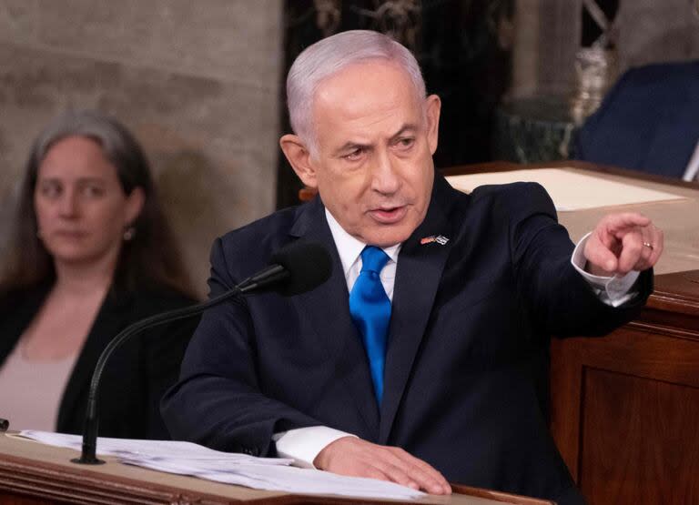 El primer ministro israelí, Benjamin Netanyahu, en su discurso ante el Congreso norteamericano, en Washington. (ROBERTO SCHMIDT / AFP)