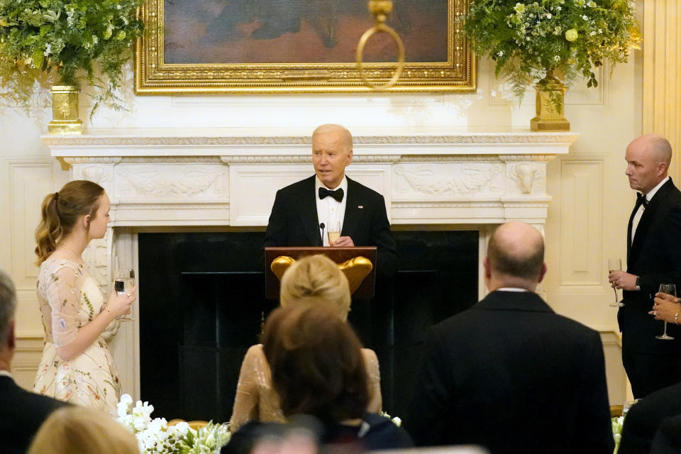 President Joe Biden speaks to members of the National Governors Association during an event in the State Dining Room of the White House in Washington, Saturday, Feb. 24, 2024. (AP Photo/Stephanie Scarbrough)