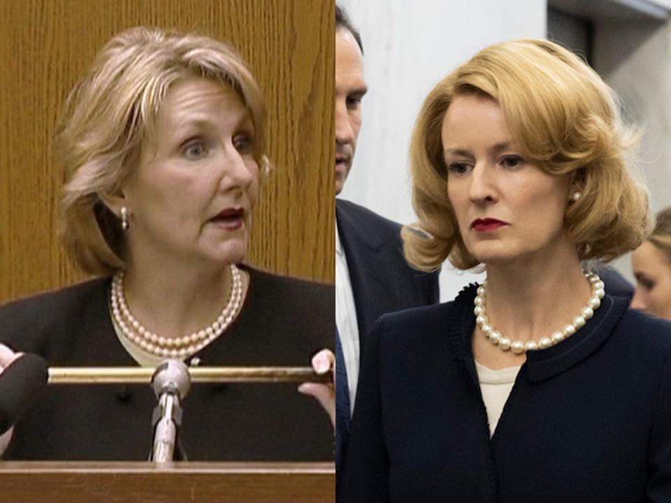 Candace Zamperini in an undated trial photo, left; right, Rosemarie DeWitt as Candace on HBO Max's "The Staircase."