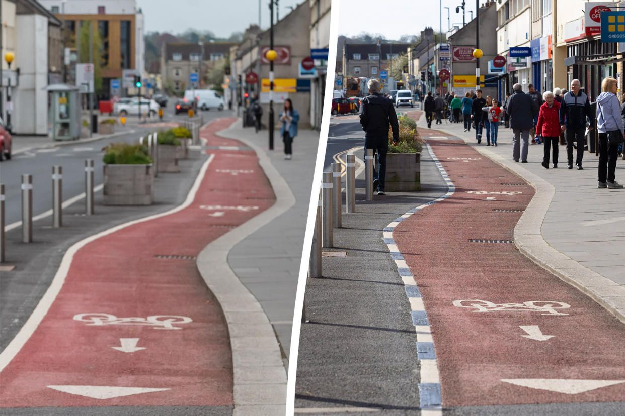 A before and after composite of the infamous cycle lane in Keynsham, demonstrating the work the council has carried out. (SWNS)