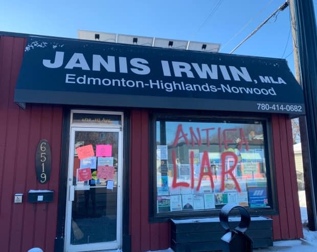 Edmonton Highlands-Norwood MLA Janice Irwin shared a photo on Twitter after her constituency office was tagged with graffiti on Feb. 27, 2021. (Janis Irwin/Twitter - image credit)