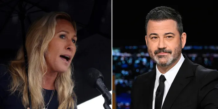 Rep. Marjorie Taylor Greene tweeted that she had filed a threat of violence report against host Jimmy Kimmel.