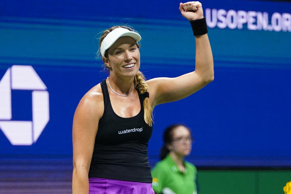 Danielle Collins, of the United States, reacts after defeating Naomi Osaka, of Japan, during the first round of the US Open tennis championships, Wednesday, Aug. 31, 2022, in New York. (AP Photo/Frank Franklin II)