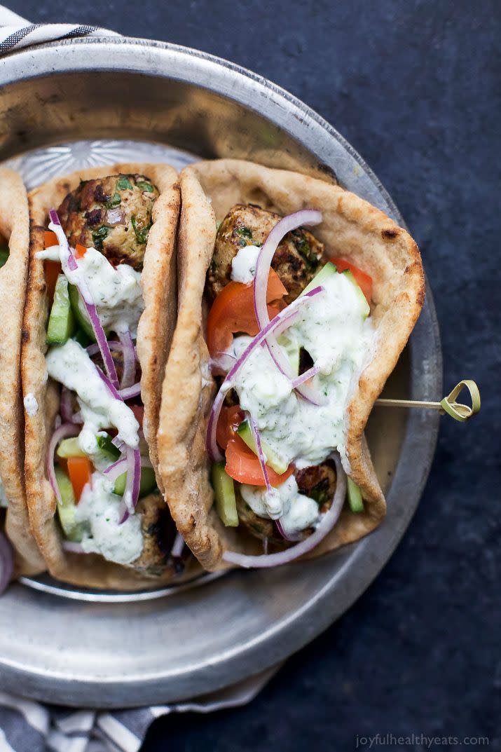 <p>Everything's better when wrapped in warm, fluffy pita.</p><p><em><a href="http://www.joyfulhealthyeats.com/greek-turkey-meatball-gyro-with-tzatziki/" rel="nofollow noopener" target="_blank" data-ylk="slk:Get the recipe from Joyful Healthy Eats »;elm:context_link;itc:0;sec:content-canvas" class="link "><span class="redactor-invisible-space">Get the recipe from Joyful Healthy Eats »</span> </a></em><br></p>