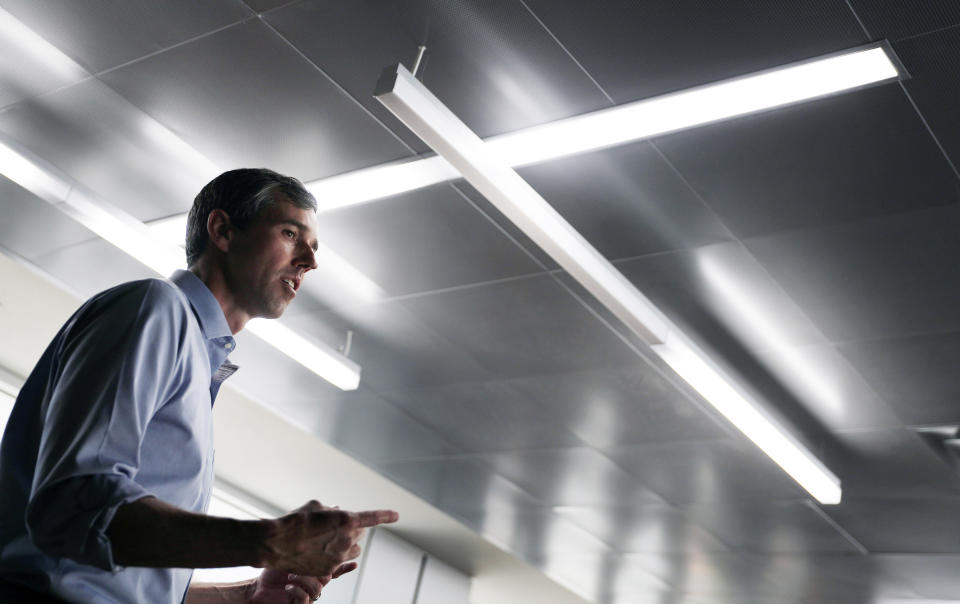 Democratic presidential candidate and former Texas congressman Beto O'Rourke speaks at the University of Nevada, Las Vegas, during a campaign stop Friday, April 26, 2019, in Las Vegas. (AP Photo/John Locher)