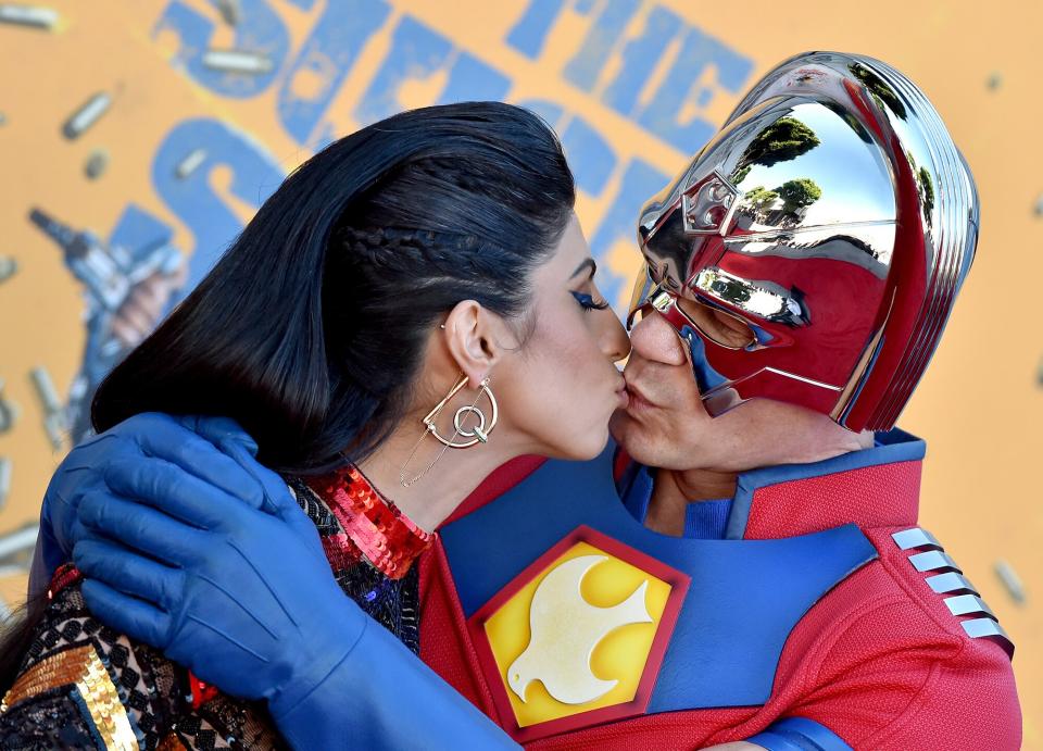 Shay Shariatzadeh and John Cena attend Warner Bros. Premiere of "The Suicide Squad" at The Landmark Westwood on August 02, 2021 in Los Angeles, California