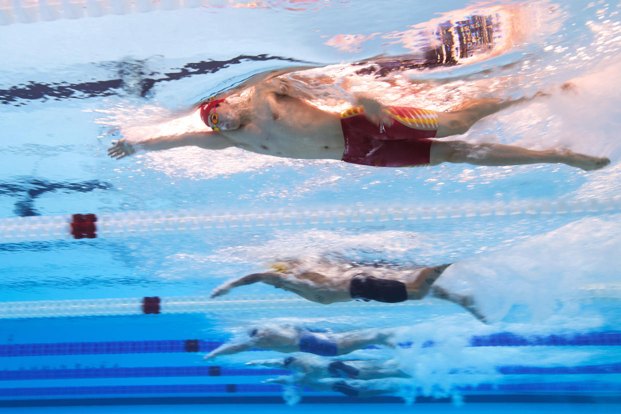 Pan Zhanle during his record-setting swim on Wednesday. (Adam Pretty/Getty Images)