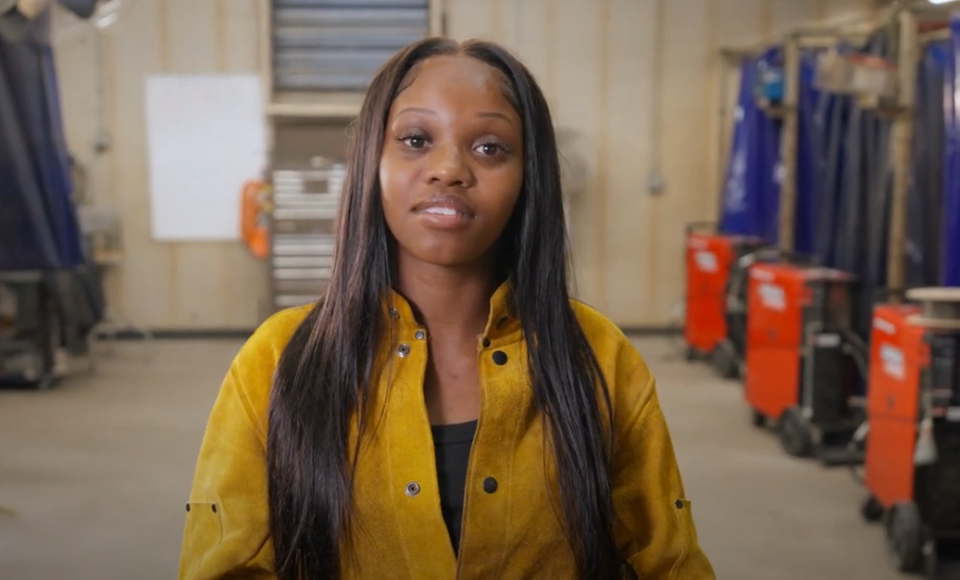 EICC student Danea Kimmins, an 18-year-old high school dropout, completed the college’s 16-week welding program.