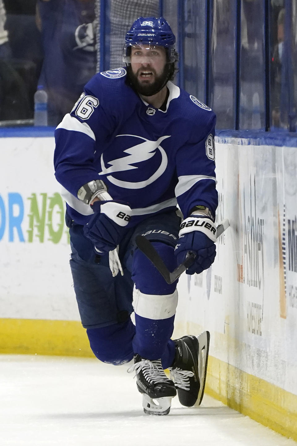 Tampa Bay Lightning right wing Nikita Kucherov celebrates his goal against the Carolina Hurricanes during the third period in Game 4 of an NHL hockey Stanley Cup second-round playoff series Saturday, June 5, 2021, in Tampa, Fla. (AP Photo/Chris O'Meara)