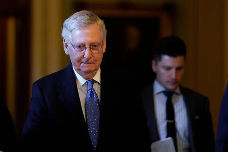 Senate Majority Leader Mitch McConnell walks off the Senate floor after making comments about Special Counsel Robert Mueller's report on the 2016 election on Capitol Hill in Washington, U.S., May 7, 2019. REUTERS/Aaron P. Bernstein