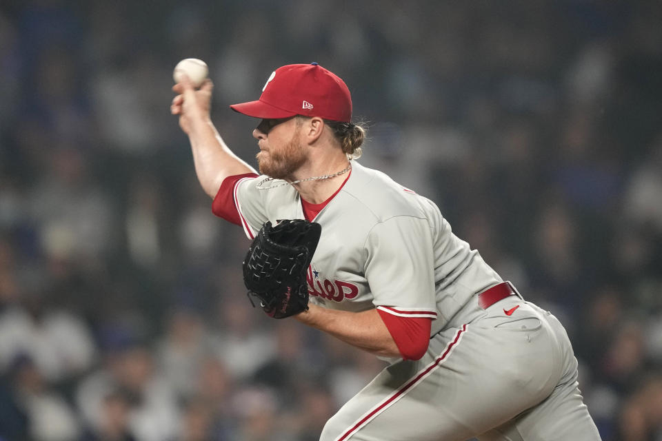 Philadelphia Phillies relief pitcher Craig Kimbrel delivers during the ninth inning of the team's baseball game against the Chicago Cubs Tuesday, June 27, 2023, in Chicago. The Phillies won 5-1. (AP Photo/Charles Rex Arbogast)