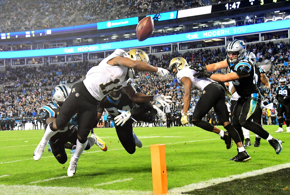 Panthers cornerback James Bradberry knocks the ball loose at the goal line from Saints receiver Tommylee Lewis. (Photo by Scott Cunningham/Getty Images)