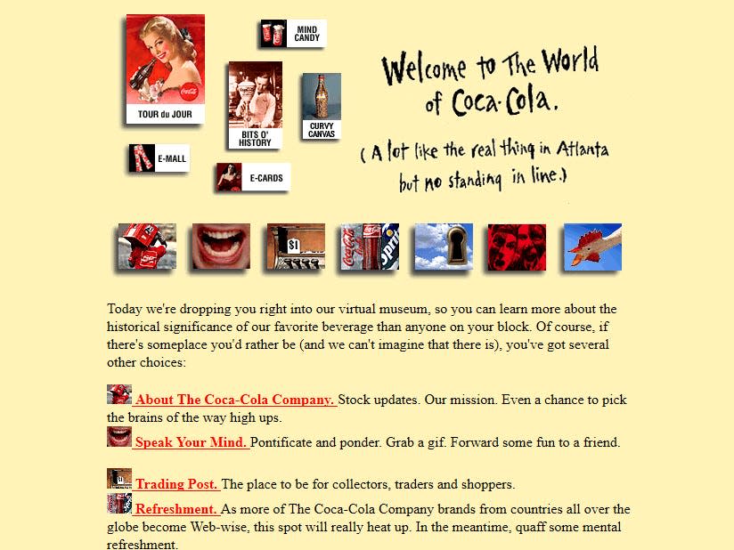 various images on a yellow background on the Coca-Cola website in 1996