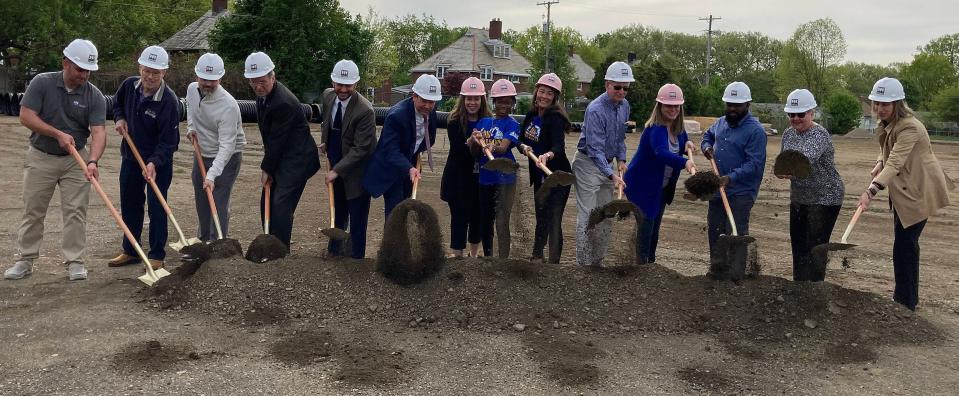 At the groundbreaking ceremony for the new Edison Elementary School on Monday, Erie School District Superintendent Brian Polito, in blue suit at center left, joins Erie School Board members and other dignitaries, including Mayor Joe Schember, the second person to the left of Polito.