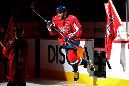 Apr 5, 2018; Washington, DC, USA; Washington Capitals left wing Alex Ovechkin (8) takes to the ice prior tp the Capitals' game against the Nashville Predators at Capital One Arena. The Predators won 4-3. Mandatory Credit: Geoff Burke-USA TODAY Sports