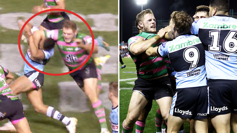 NRL player Tom Burgess (pictured left) tackling Ronaldo Mulitao, which started an all-in scuffle (pictured right).