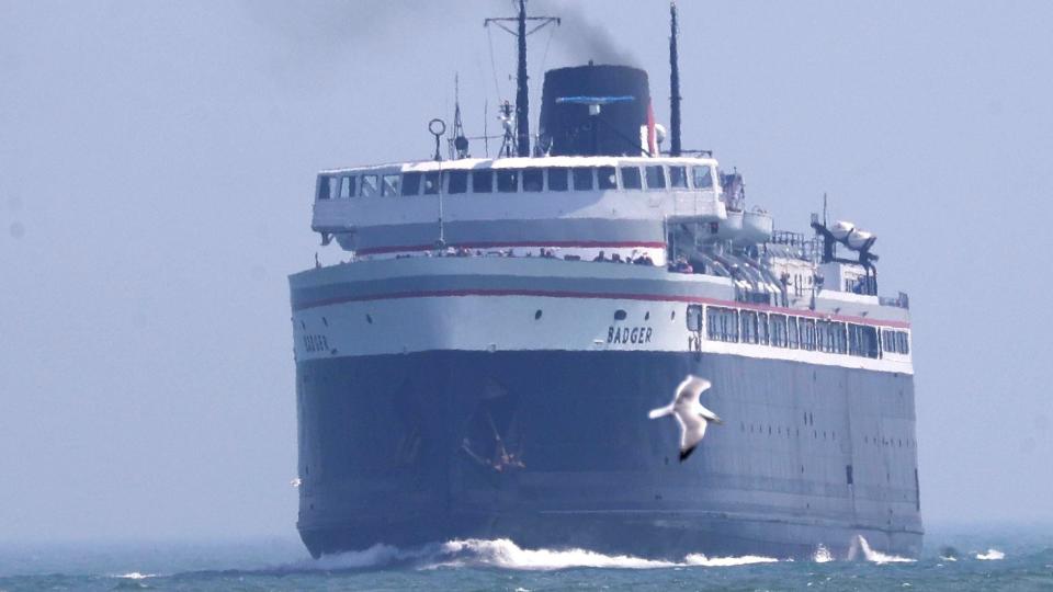 A seagull greets the S.S. Badger as it nears port, Thursday, May 12, 2022, in Manitowoc, Wis.