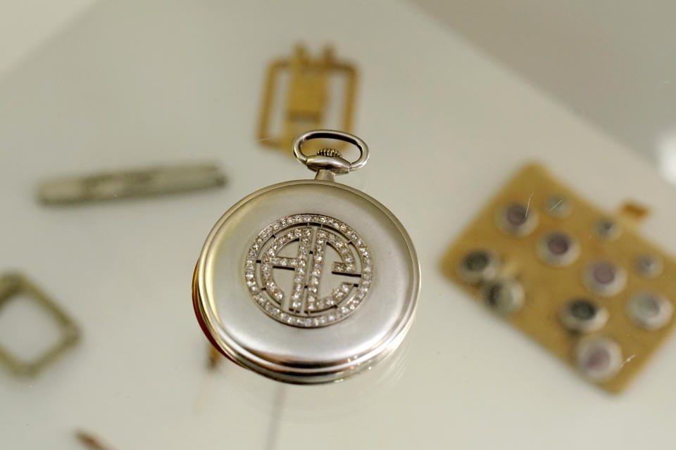 FILE - In this Aug. 25, 2021 file photo, a platinum and diamond Patek Philippe pocket watch with the initials AC, that once belonged to mob boss Al Capone is displayed at Witherell's Auction House in Sacramento, Calif. The infamous Chicago gangster may have died nearly 75 years ago, but it's clear interest in him is very much alive after some of his prized possessions were auctioned off over the weekend for at least $3 million. (AP Photo/Rich Pedroncelli, File)