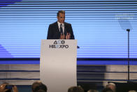 Greece's Prime Minister Kyriakos Mitsotakis delivers a speech during the Thessaloniki International Fair at the northern city of Thessaloniki, Saturday, Sept. 7, 2019. Mitsotakis outlined his economic policies for the next year, as heads of government have traditionally done over the years. (AP Photo/Giannis Papanikos)