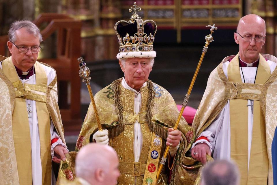 PHOTO: King Charles III stands after being crowned during his coronation ceremony in Westminster Abbey, on May 6, 2023, in London. (Richard Pohle, WPA Pool via Getty Images, FILE)