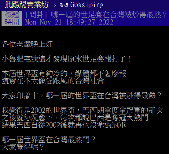 有鄉民認為今年卡達世界盃熱度不如以往。（翻攝自PTT）