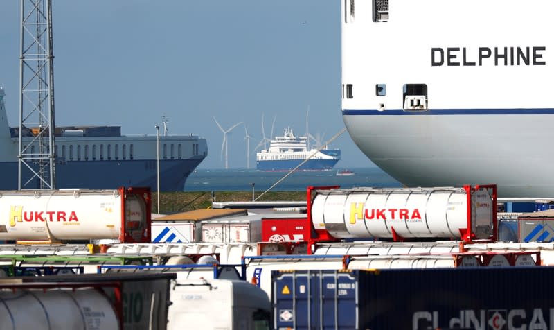 Cargo vessels are seen at the port of Zeebrugge
